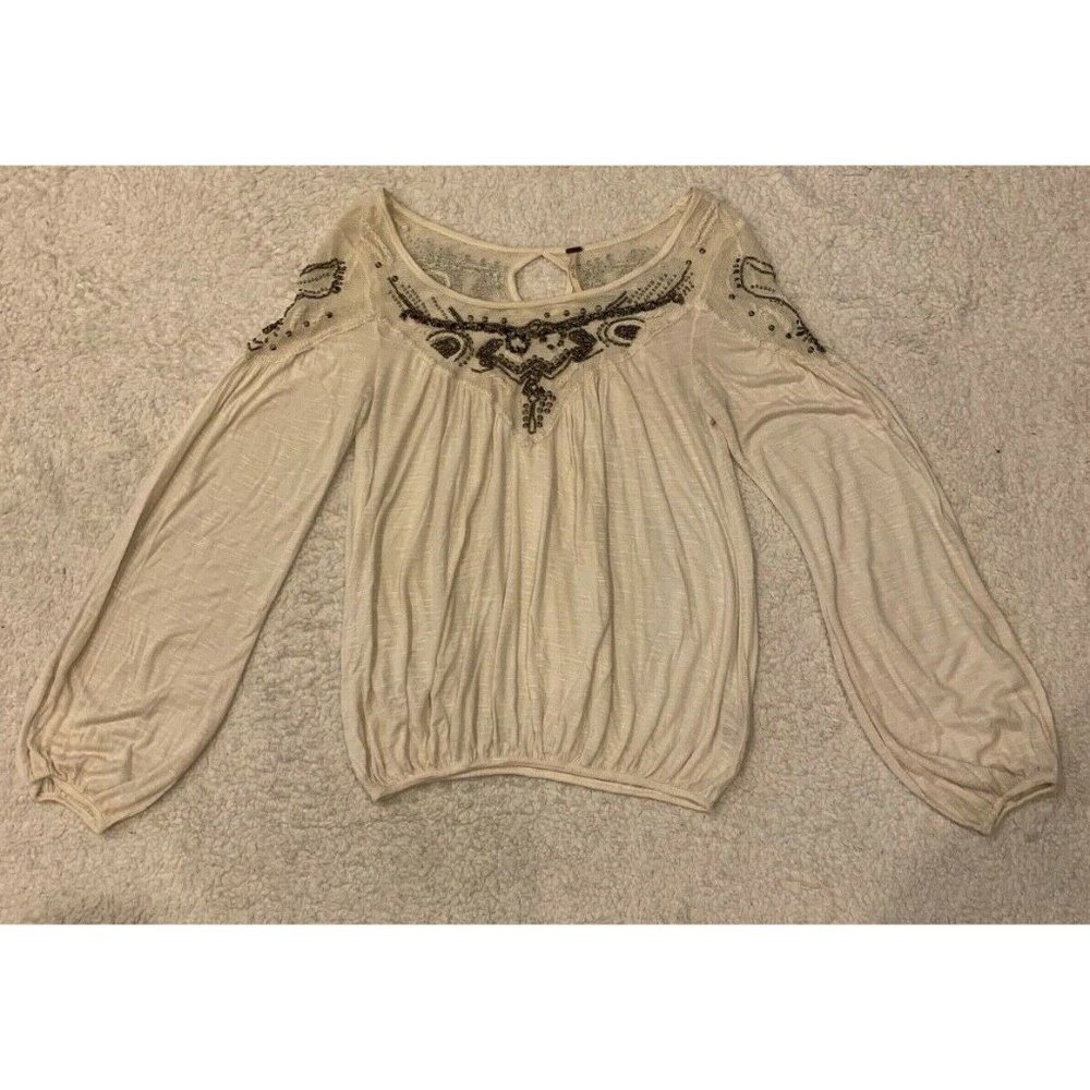 Free People Knit Embroidered Cream Blouse Top | XS